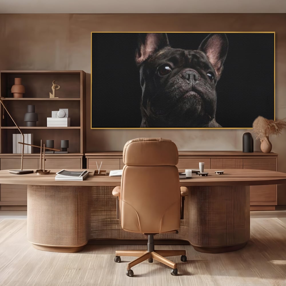 Tablou canvas cu tablou canvas cu bulldog in umbra, in rama de aluminiu auriu, pe perete intr-un birou