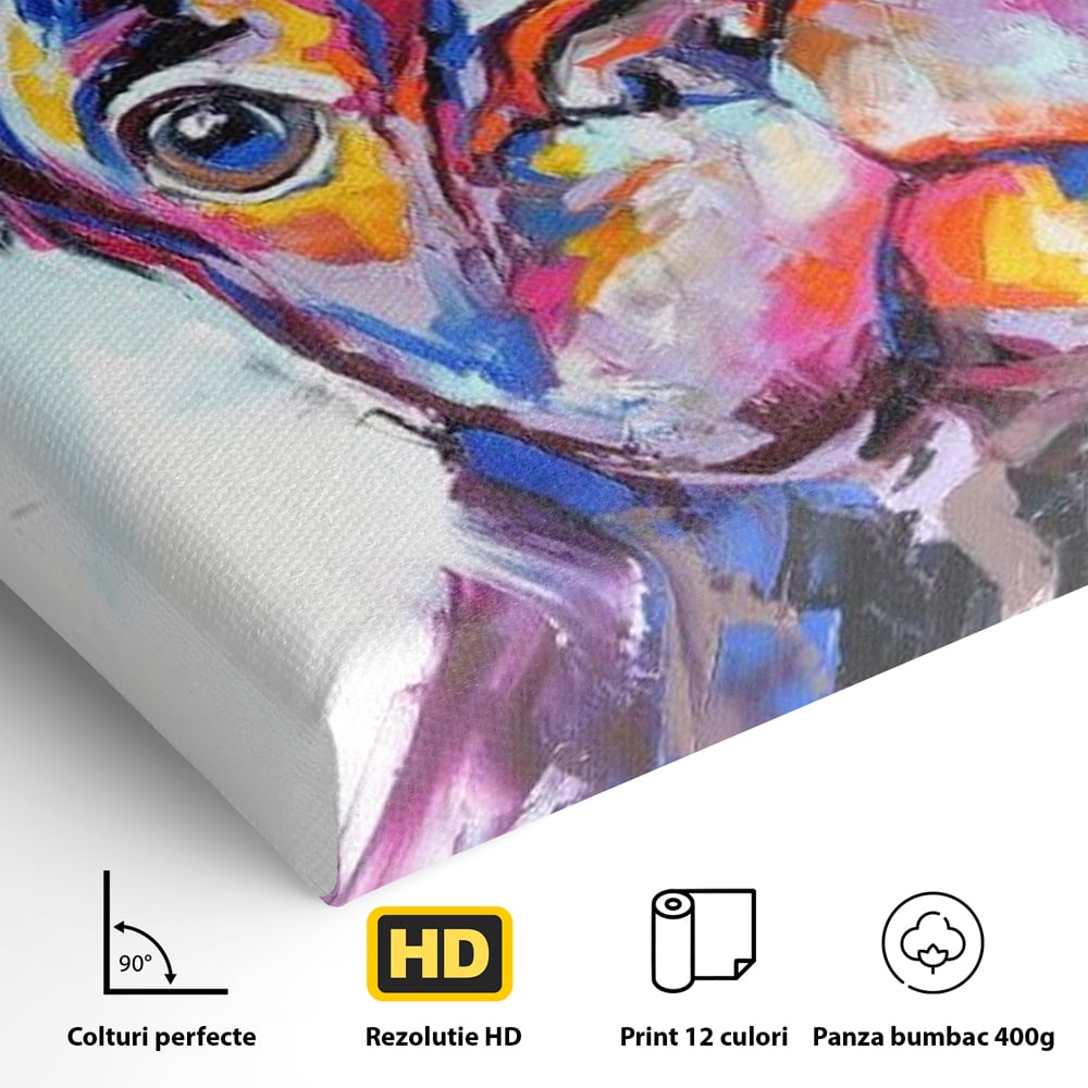 Detaliu al suprafetei: tablou canvas cu bulldog in stil pop art, fara rama, pe sasiu de lemn