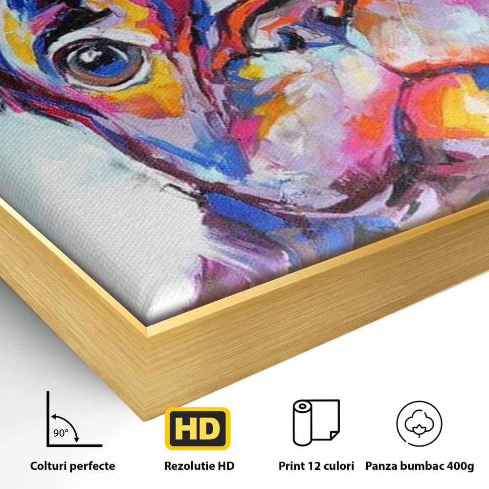 Detaliu al suprafetei: tablou canvas cu bulldog in stil pop art, in rama de aluminiu auriu