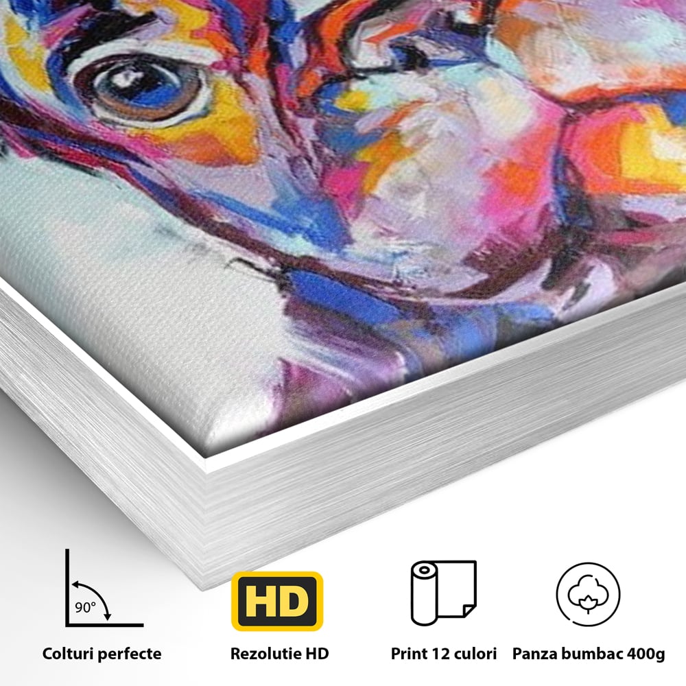 Detaliu al suprafetei: tablou canvas cu bulldog in stil pop art, in rama de aluminiu argintiu