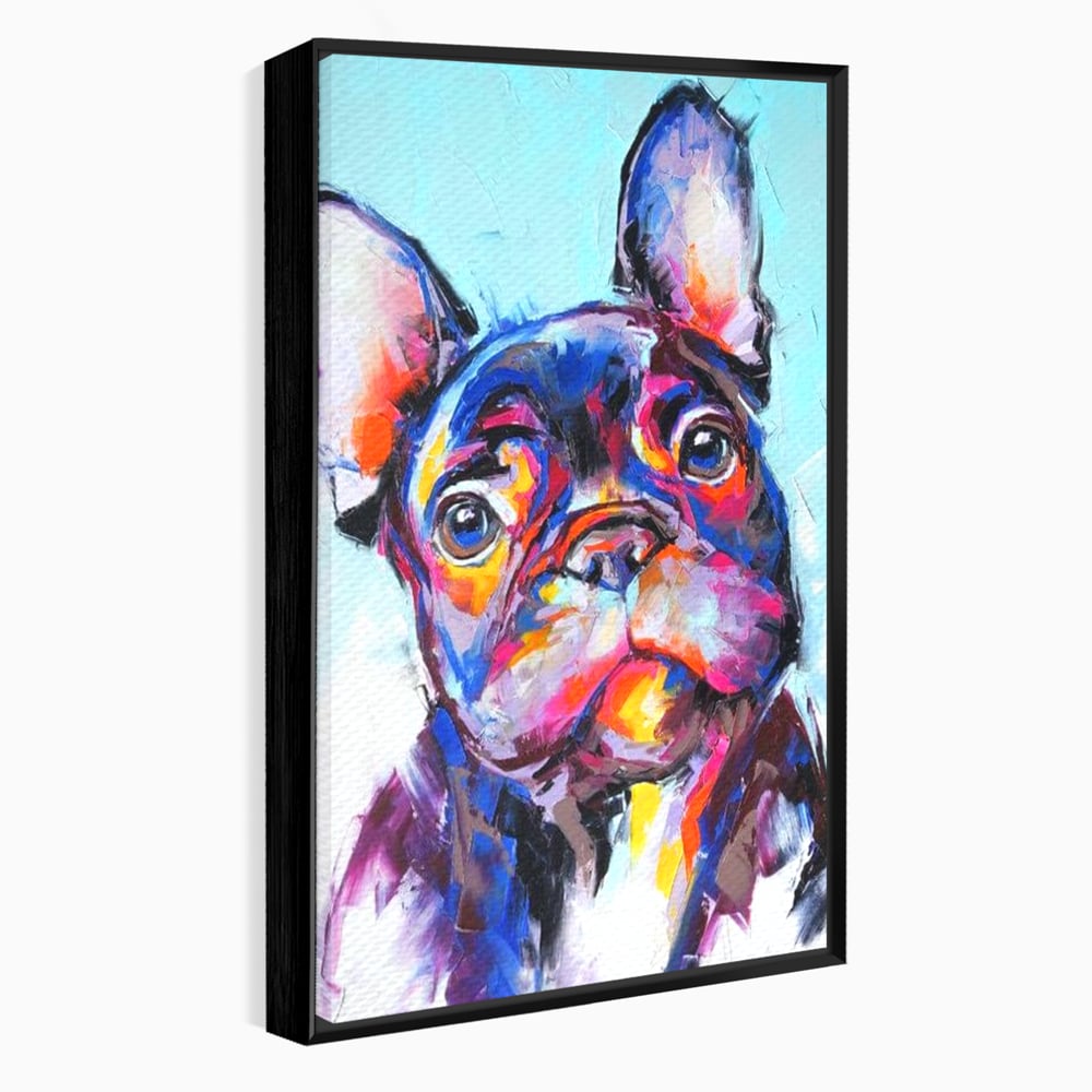 Tablou canvas cu tablou canvas cu bulldog in stil pop art, in rama de aluminiu negru