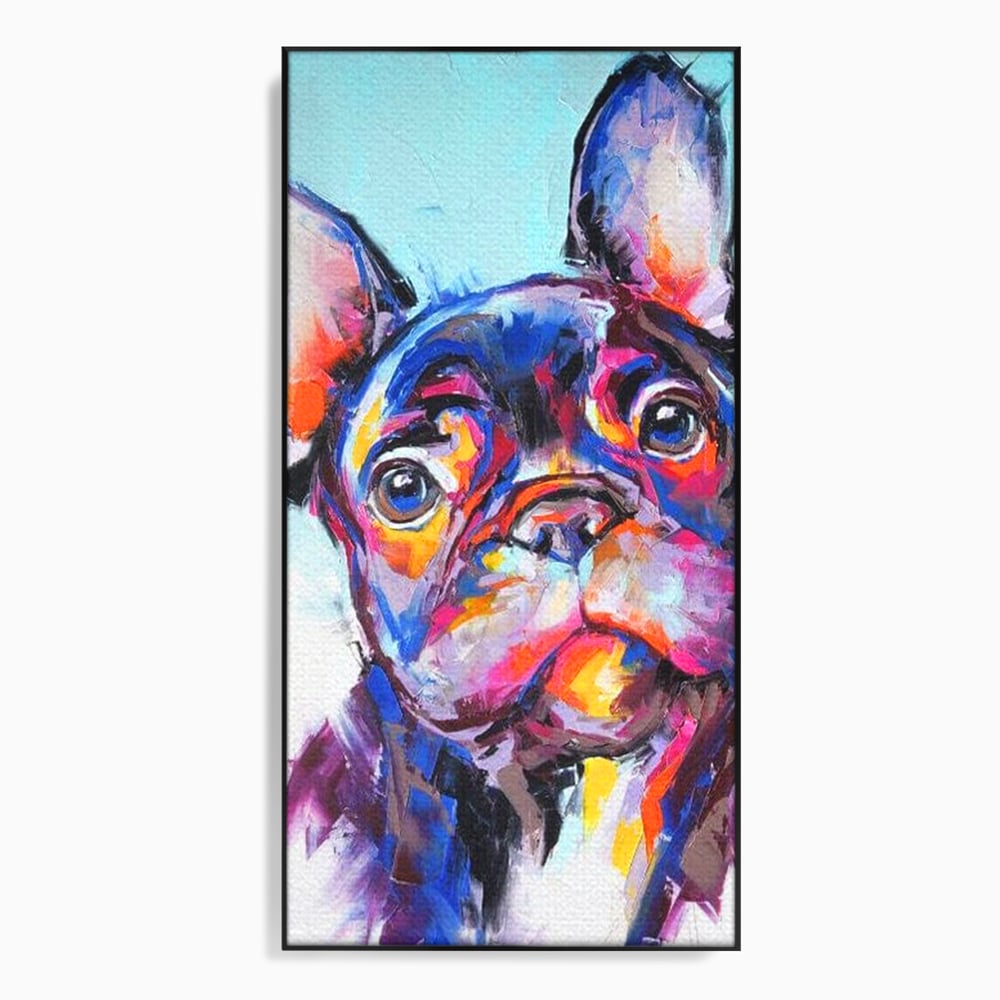 Tablou canvas cu tablou canvas cu bulldog in stil pop art, in rama de aluminiu negru