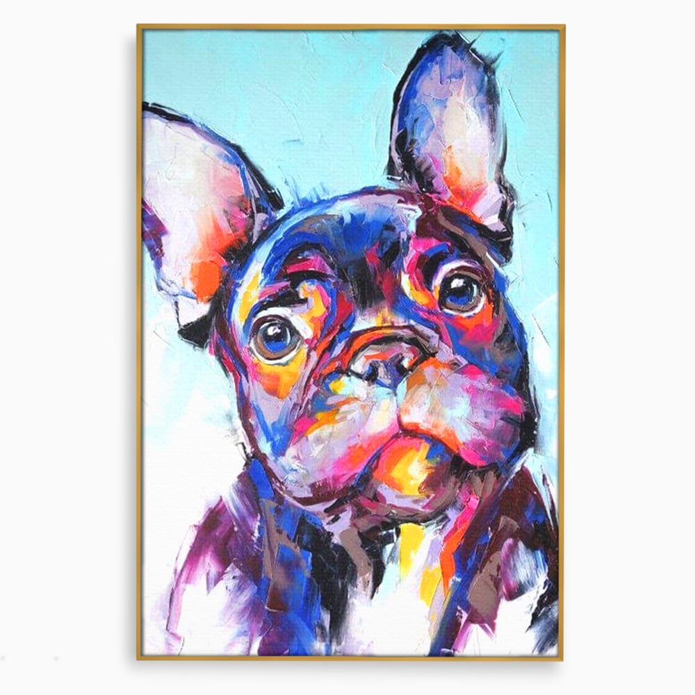 Tablou canvas cu tablou canvas cu bulldog in stil pop art, in rama de aluminiu auriu