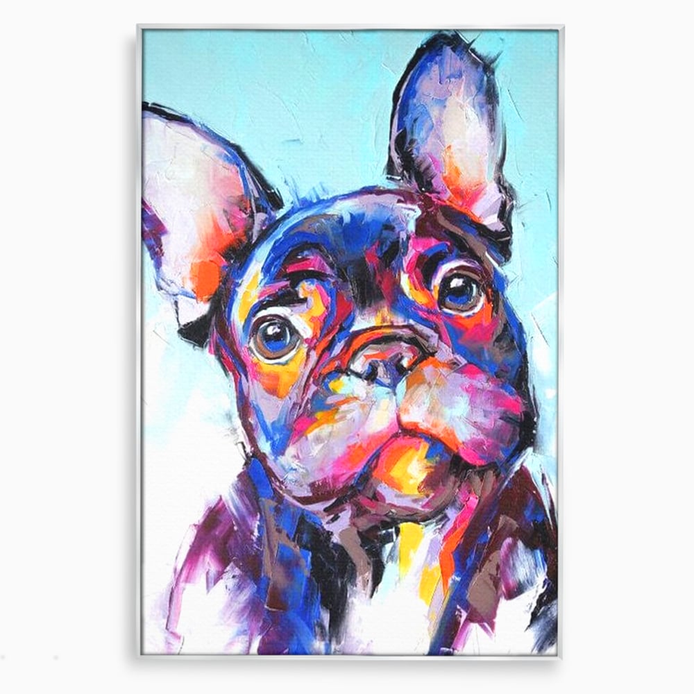 Tablou canvas cu tablou canvas cu bulldog in stil pop art, in rama de aluminiu argintiu