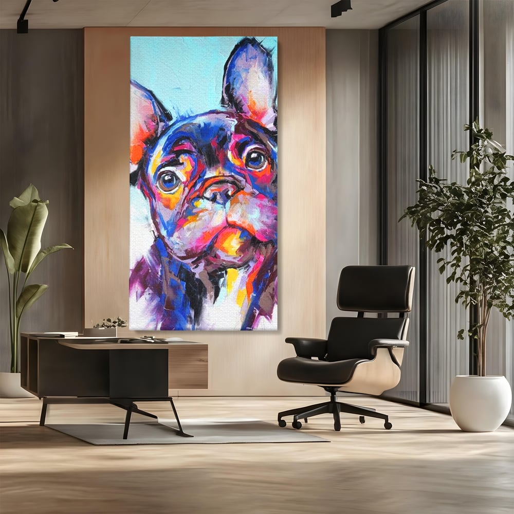 Tablou canvas cu tablou canvas cu bulldog in stil pop art, fara rama, pe sasiu de lemn, pe perete intr-un birou