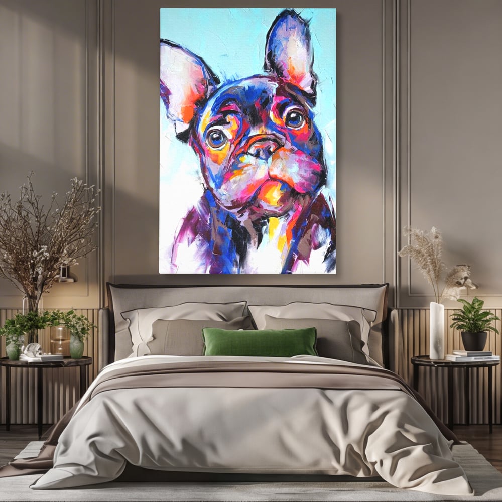 Tablou canvas cu tablou canvas cu bulldog in stil pop art, fara rama, pe sasiu de lemn, pe perete intr-un dormitor