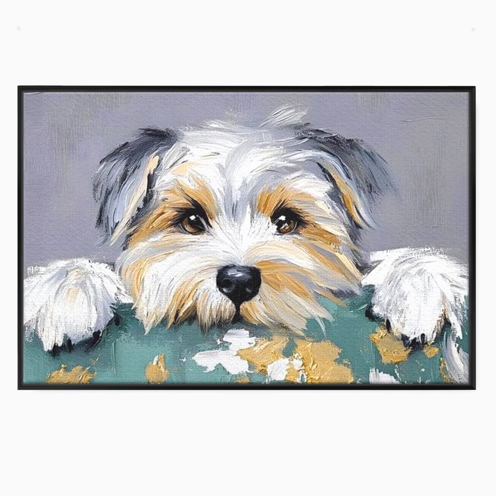 Tablou canvas cu pictura cu catel yorkshire privind curios, in rama de aluminiu negru