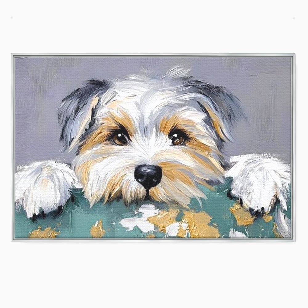 Tablou canvas cu pictura cu catel yorkshire privind curios, in rama de aluminiu argintiu