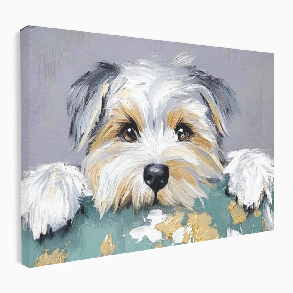Tablou canvas cu pictura cu catel yorkshire privind curios, fara rama, pe sasiu de lemn