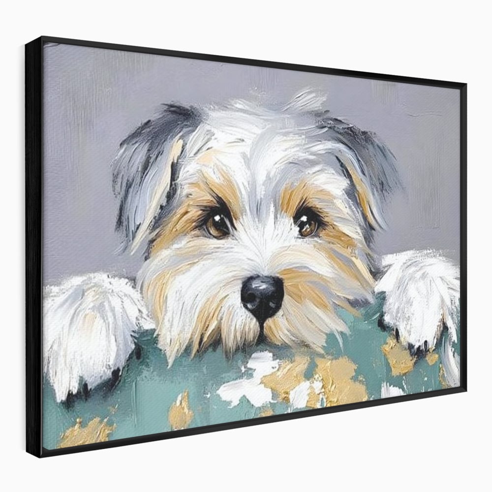 Tablou canvas cu pictura cu catel yorkshire privind curios, in rama de aluminiu negru