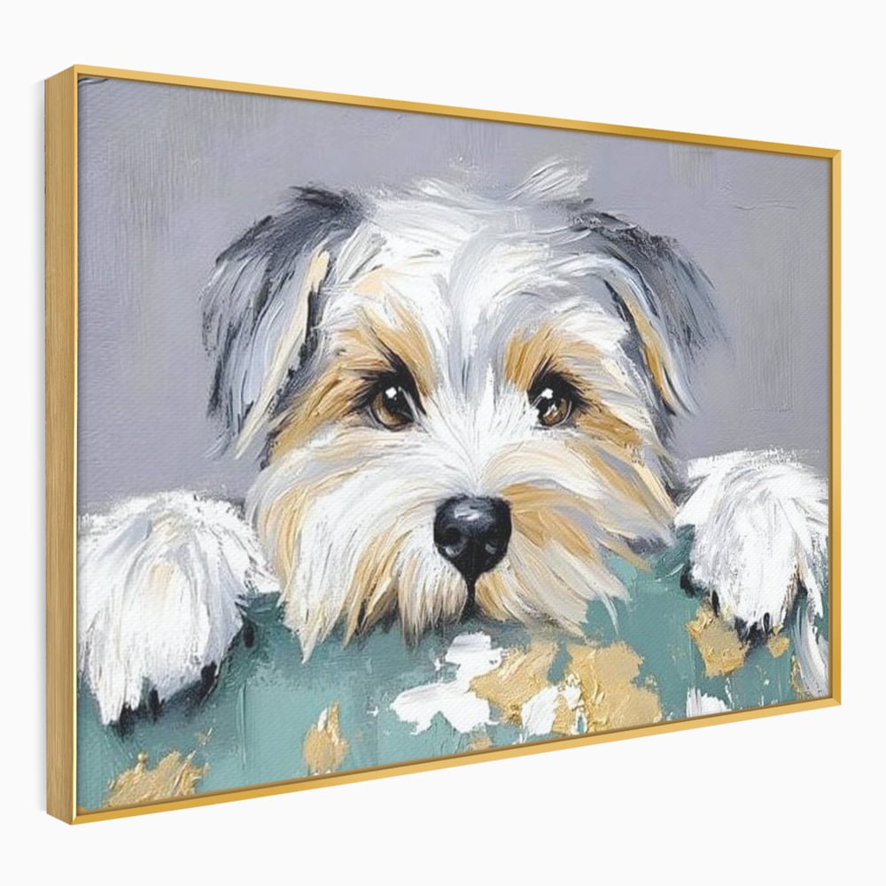 Tablou canvas cu pictura cu catel yorkshire privind curios, in rama de aluminiu auriu