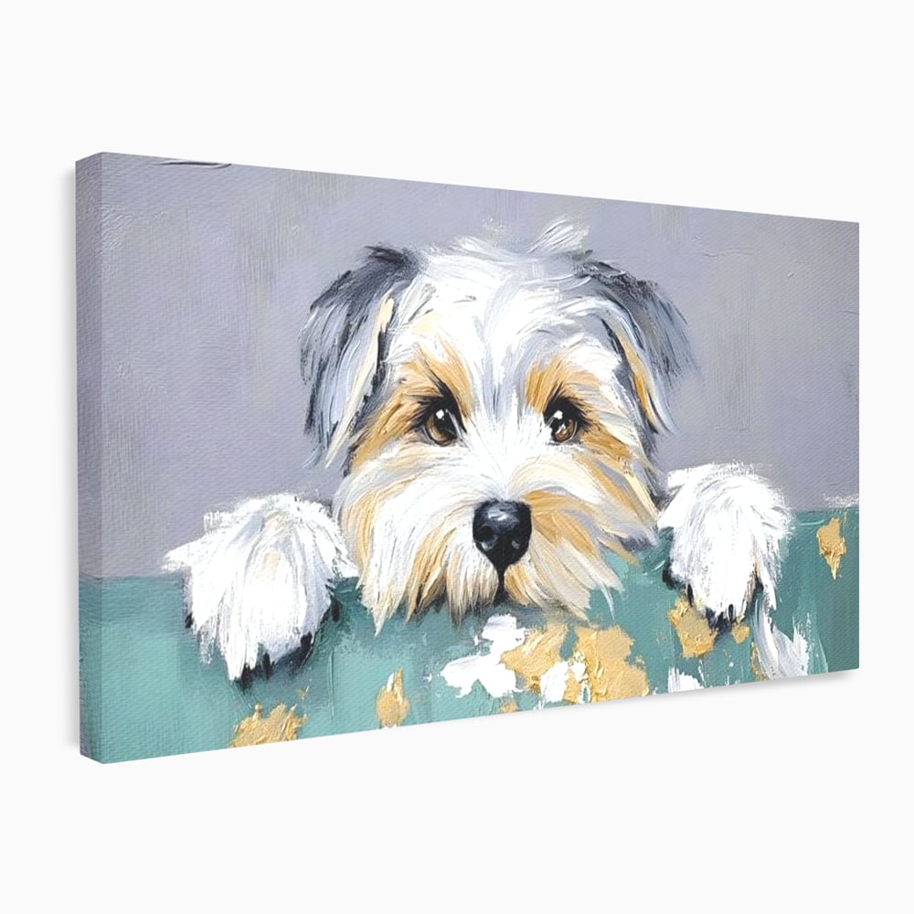 Tablou canvas cu pictura cu catel yorkshire privind curios, fara rama, pe sasiu de lemn