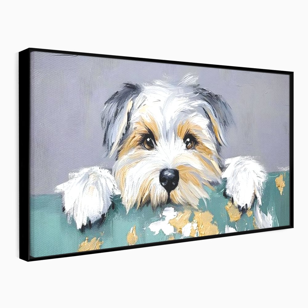Tablou canvas cu pictura cu catel yorkshire privind curios, in rama de aluminiu negru