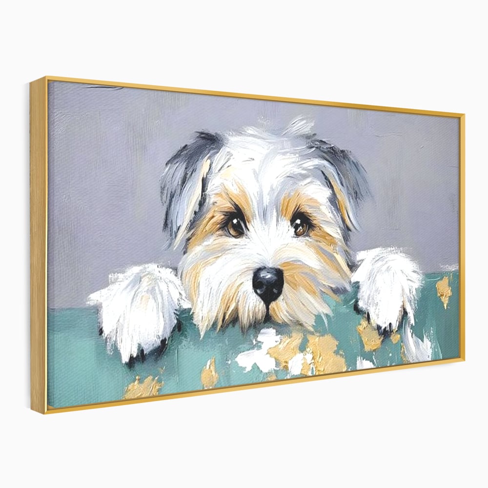 Tablou canvas cu pictura cu catel yorkshire privind curios, in rama de aluminiu auriu