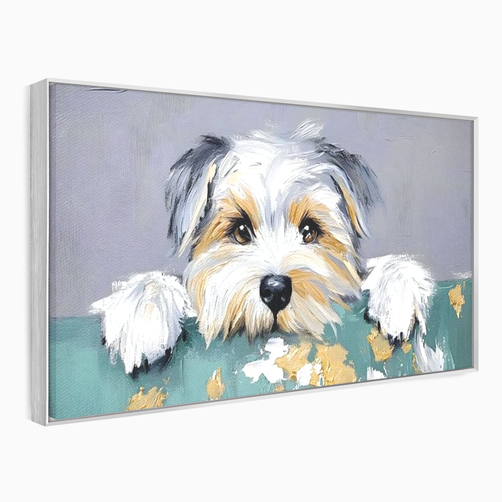 Tablou canvas cu pictura cu catel yorkshire privind curios, in rama de aluminiu argintiu