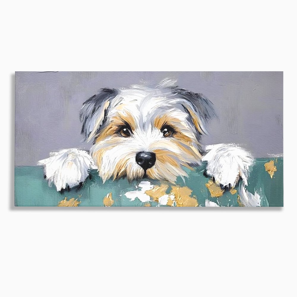 Tablou canvas cu pictura cu catel yorkshire privind curios, fara rama, pe sasiu de lemn
