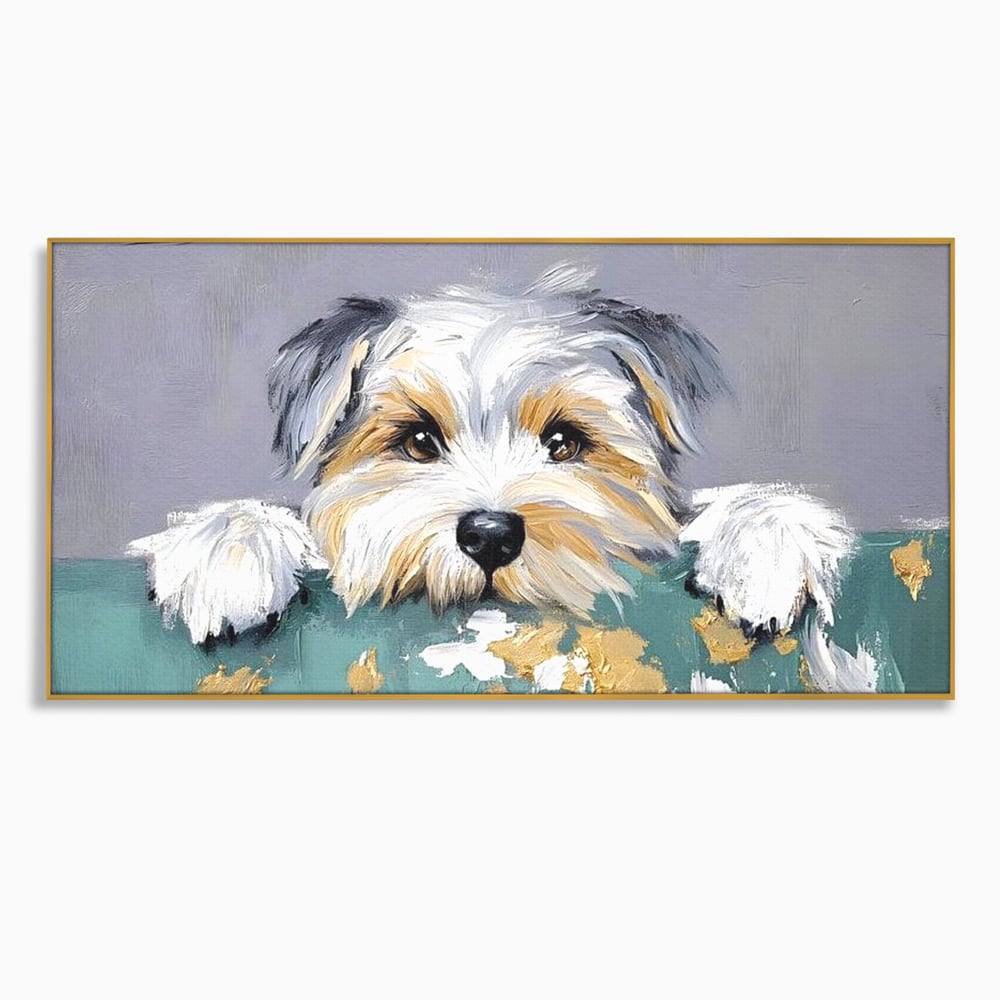 Tablou canvas cu pictura cu catel yorkshire privind curios, in rama de aluminiu auriu