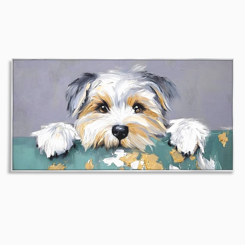 Tablou canvas cu pictura cu catel yorkshire privind curios, in rama de aluminiu argintiu