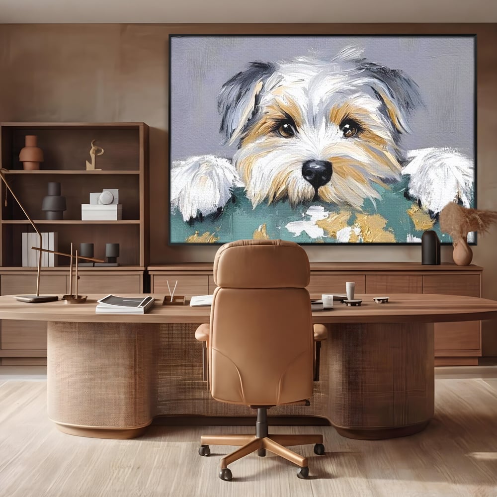 Tablou canvas cu pictura cu catel yorkshire privind curios, in rama de aluminiu negru, pe perete intr-un birou