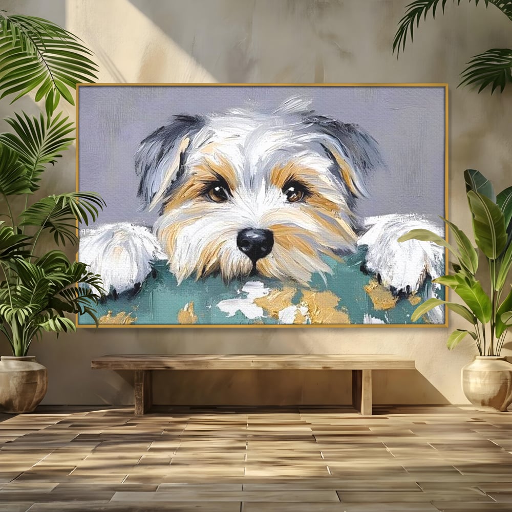 Tablou canvas cu pictura cu catel yorkshire privind curios, in rama de aluminiu auriu