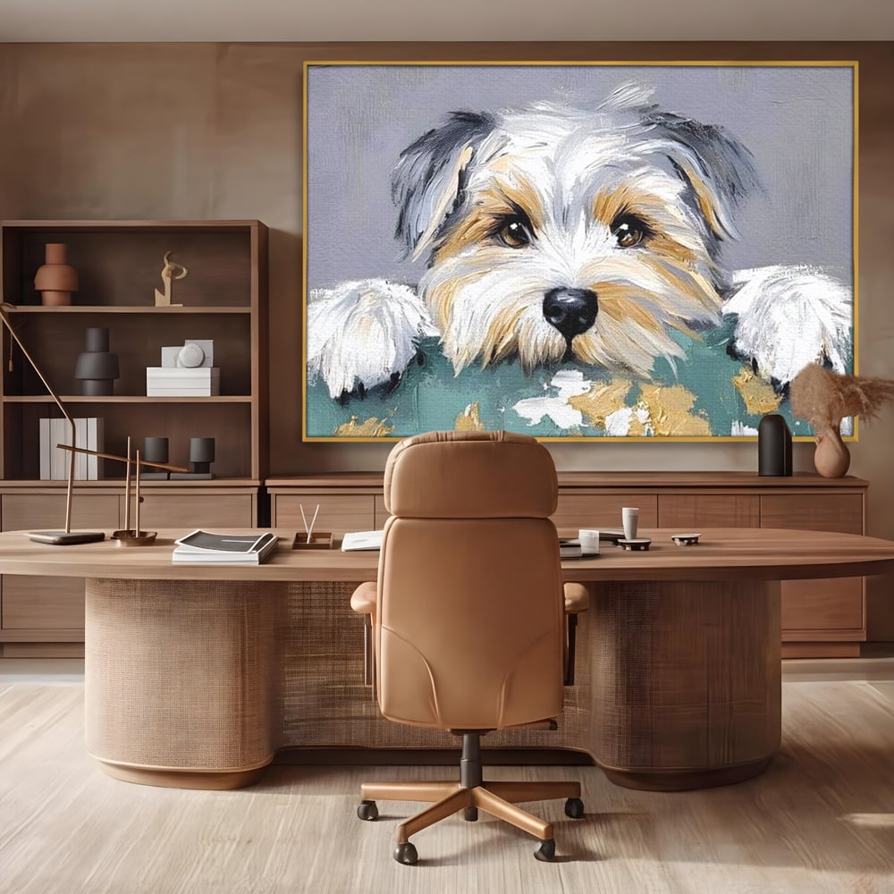 Tablou canvas cu pictura cu catel yorkshire privind curios, in rama de aluminiu auriu, pe perete intr-un birou