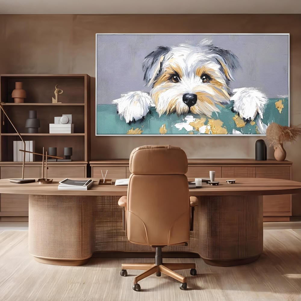 Tablou canvas cu pictura cu catel yorkshire privind curios, in rama de aluminiu argintiu, pe perete intr-un birou
