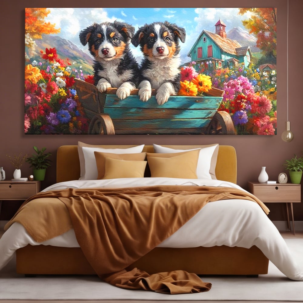 Tablou canvas cu doi catei australian shepherd in caruta cu flori, fara rama, pe sasiu de lemn, pe perete intr-un dormitor