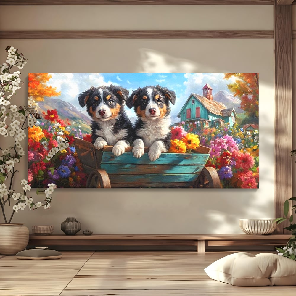 Tablou canvas cu doi catei australian shepherd in caruta cu flori, fara rama, pe sasiu de lemn