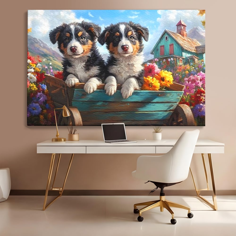 Tablou canvas cu doi catei australian shepherd in caruta cu flori, fara rama, pe sasiu de lemn, pe perete intr-un birou