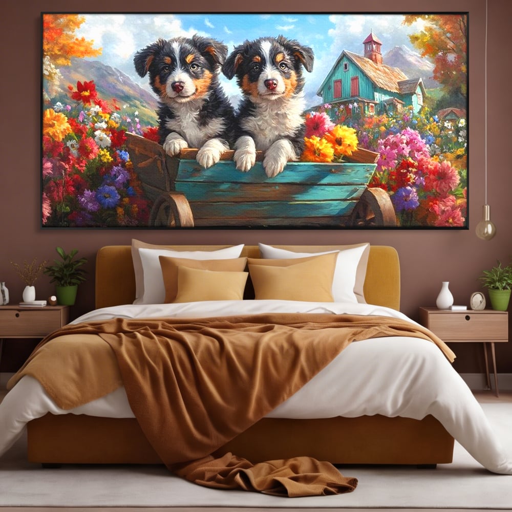Tablou canvas cu doi catei australian shepherd in caruta cu flori, in rama de aluminiu negru, pe perete intr-un dormitor