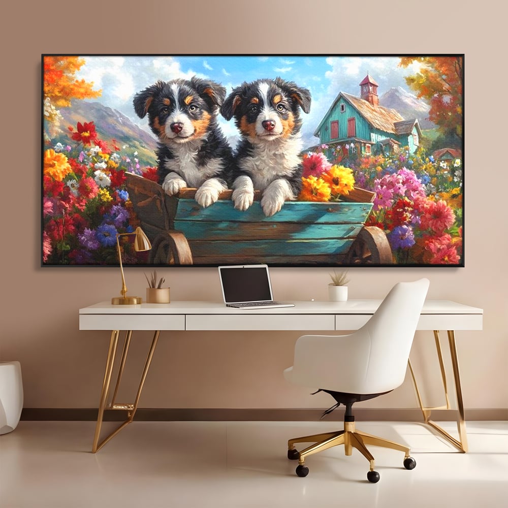 Tablou canvas cu doi catei australian shepherd in caruta cu flori, in rama de aluminiu negru, pe perete intr-un birou