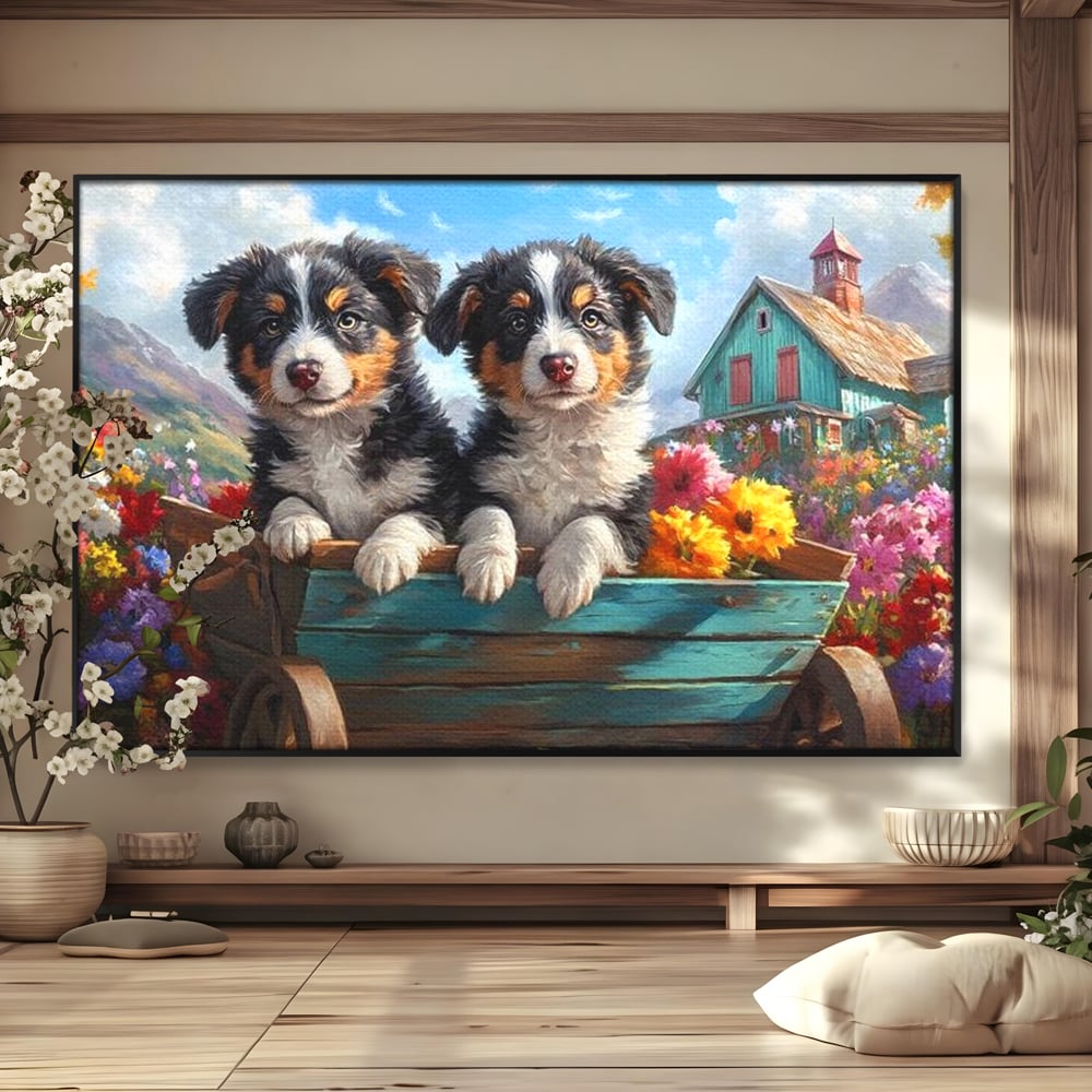 Tablou canvas cu doi catei australian shepherd in caruta cu flori, in rama de aluminiu negru