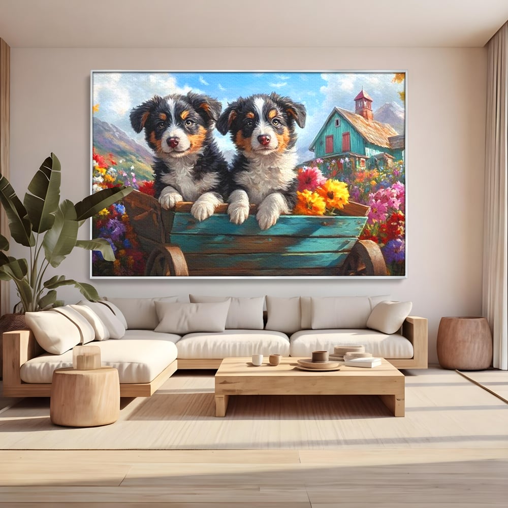 Tablou canvas cu doi catei australian shepherd in caruta cu flori, in rama de aluminiu argintiu, pe perete intr-un living