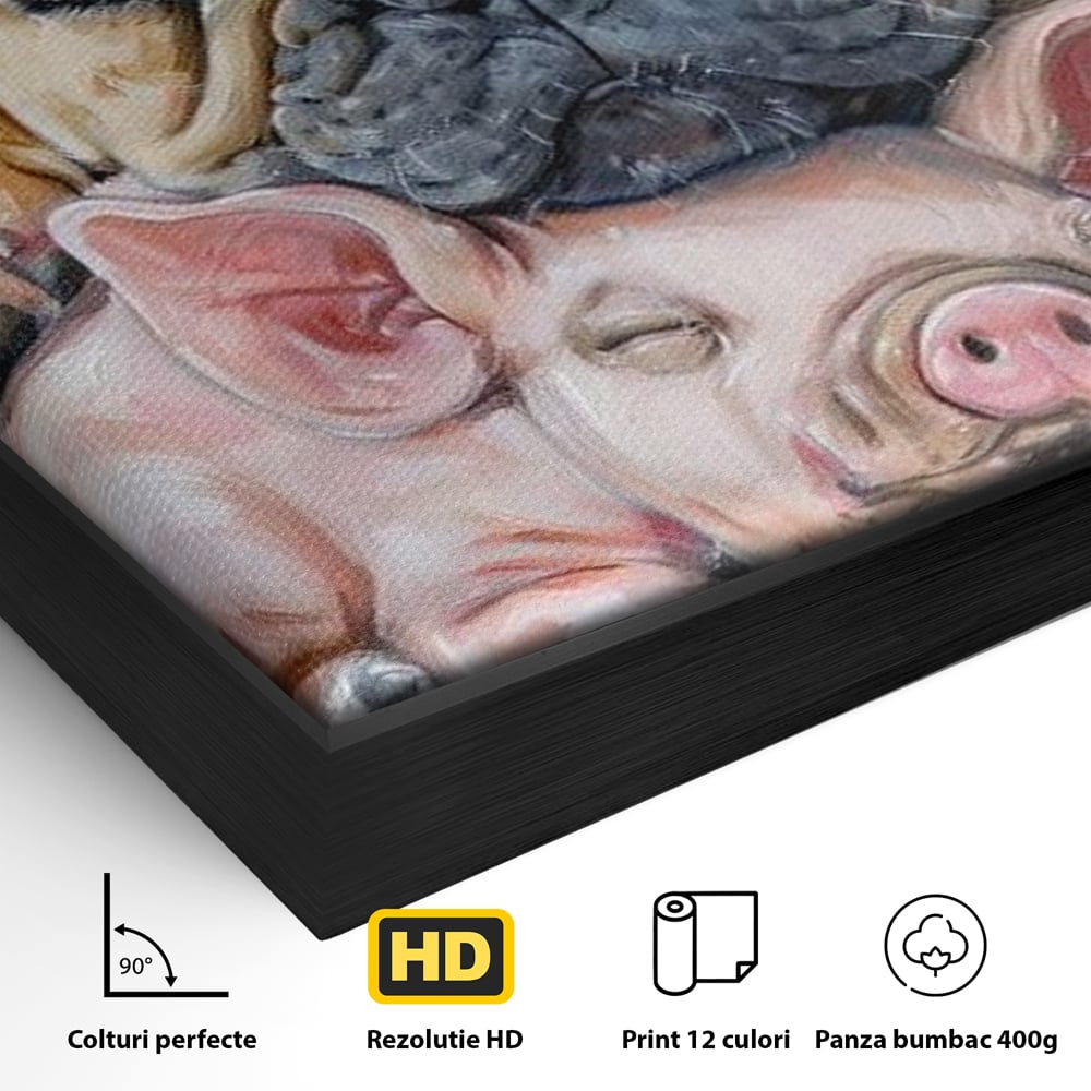 Detaliu al suprafetei: pictura cu bulldog si purcelus dormind, in rama de aluminiu negru