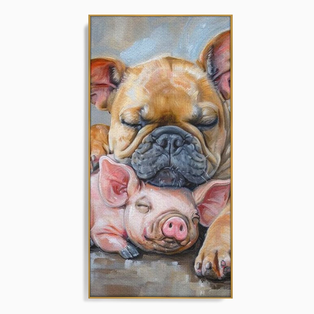 Tablou canvas cu pictura cu bulldog si purcelus dormind, in rama de aluminiu auriu