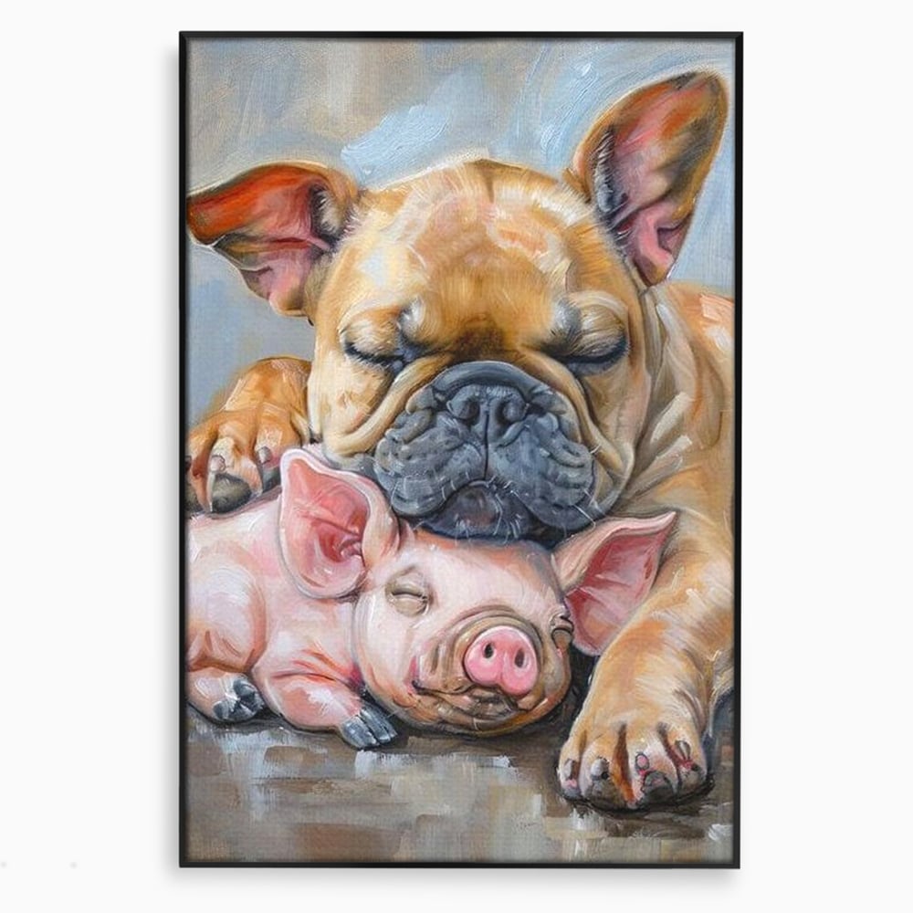 Tablou canvas cu pictura cu bulldog si purcelus dormind, in rama de aluminiu negru