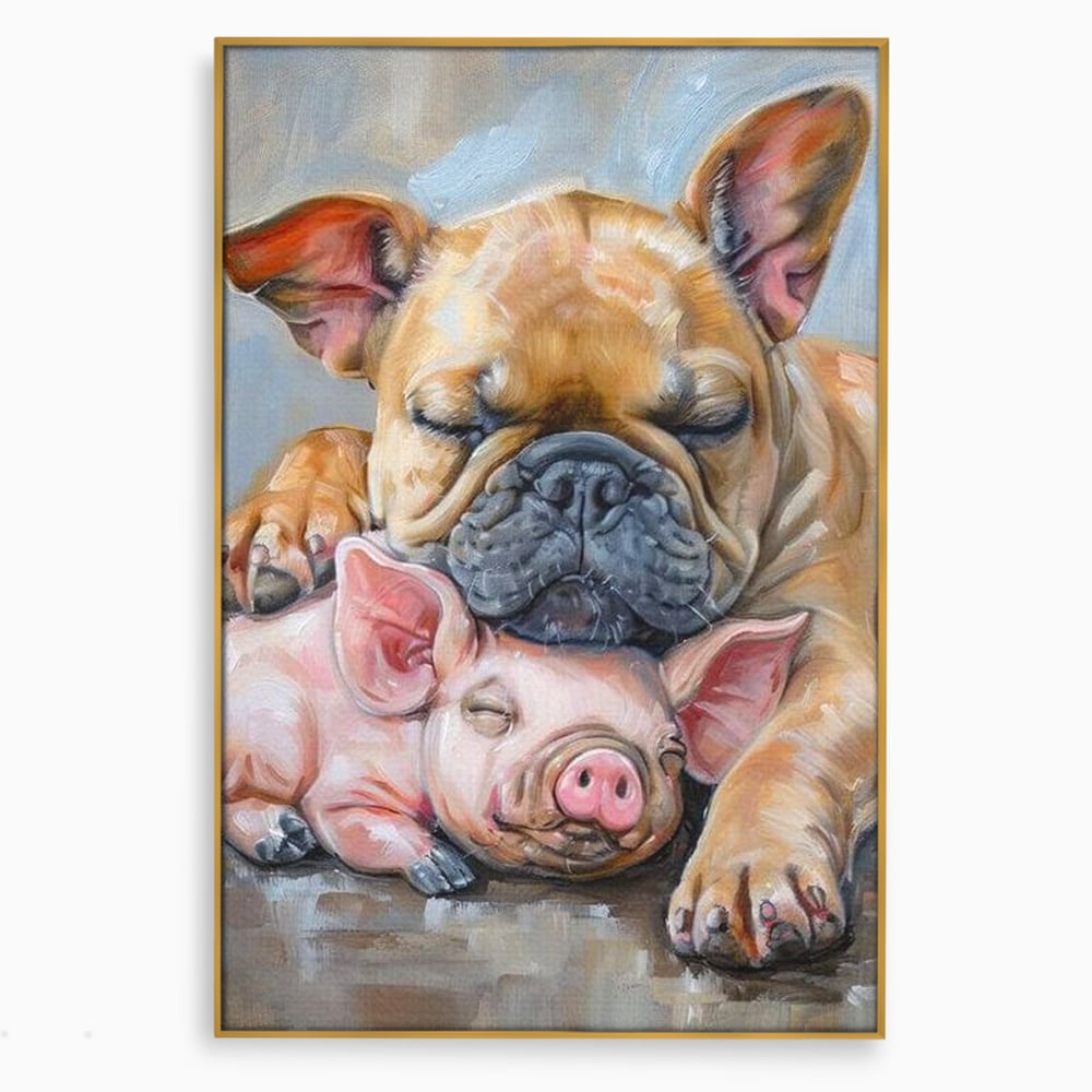 Tablou canvas cu pictura cu bulldog si purcelus dormind, in rama de aluminiu auriu