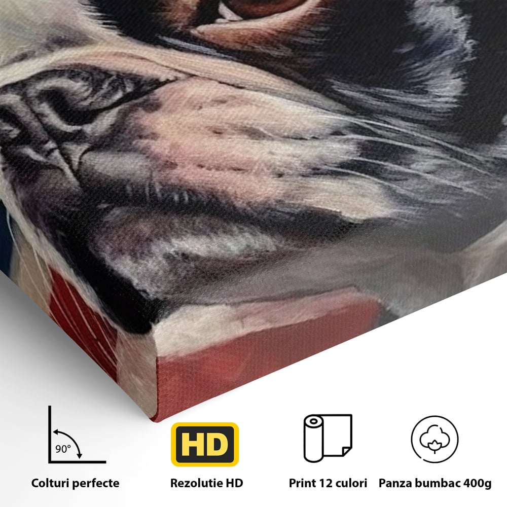 Detaliu al suprafetei: tablou pictura caine boston terrier, fara rama, pe sasiu de lemn