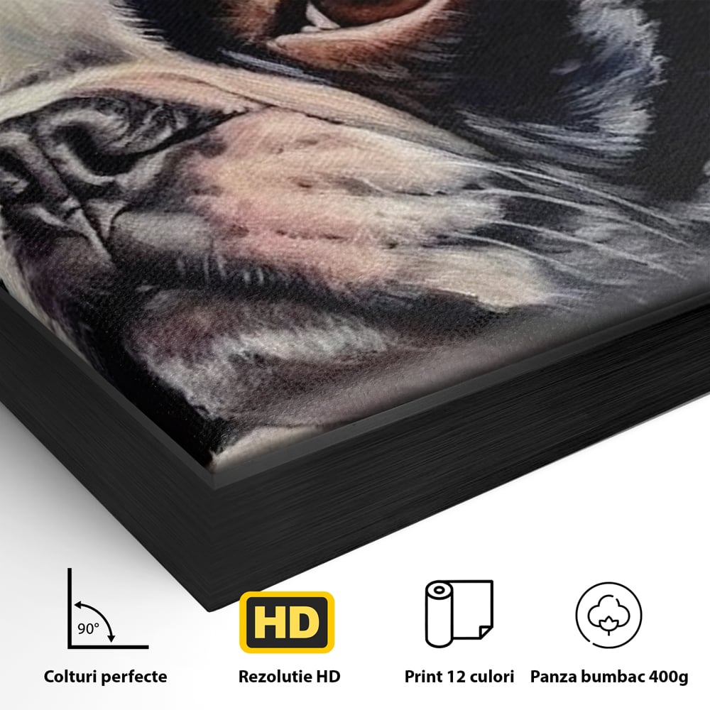 Detaliu al suprafetei: tablou pictura caine boston terrier, in rama de aluminiu negru