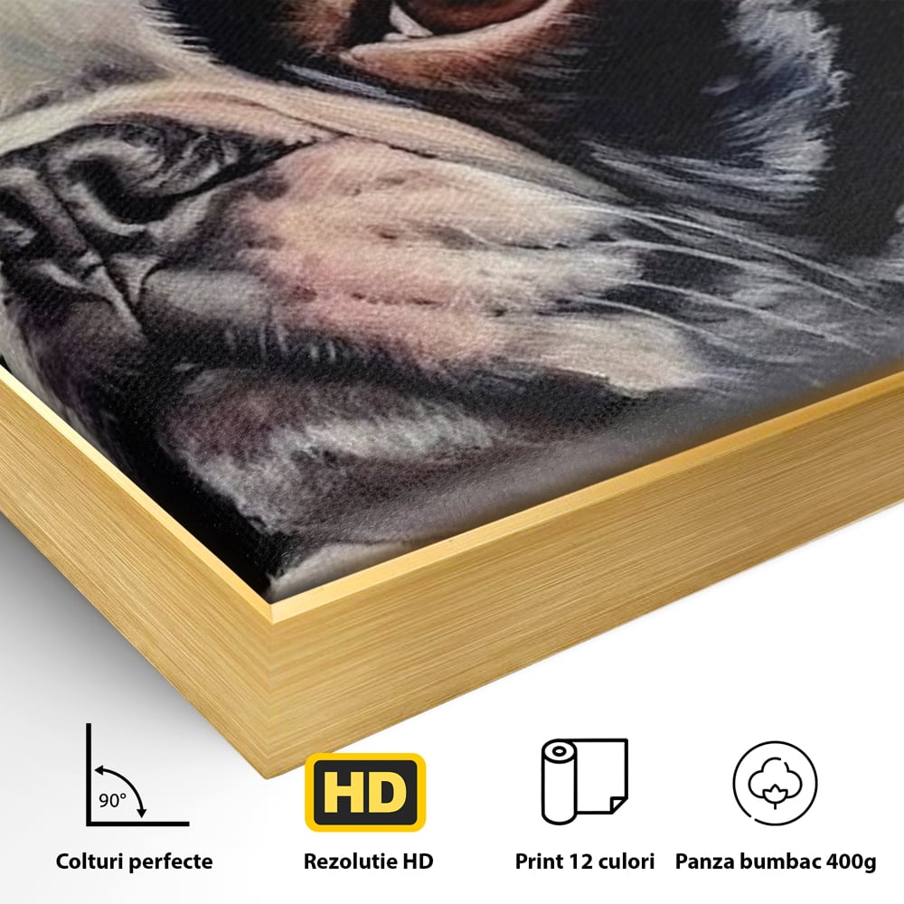 Detaliu al suprafetei: tablou pictura caine boston terrier, in rama de aluminiu auriu