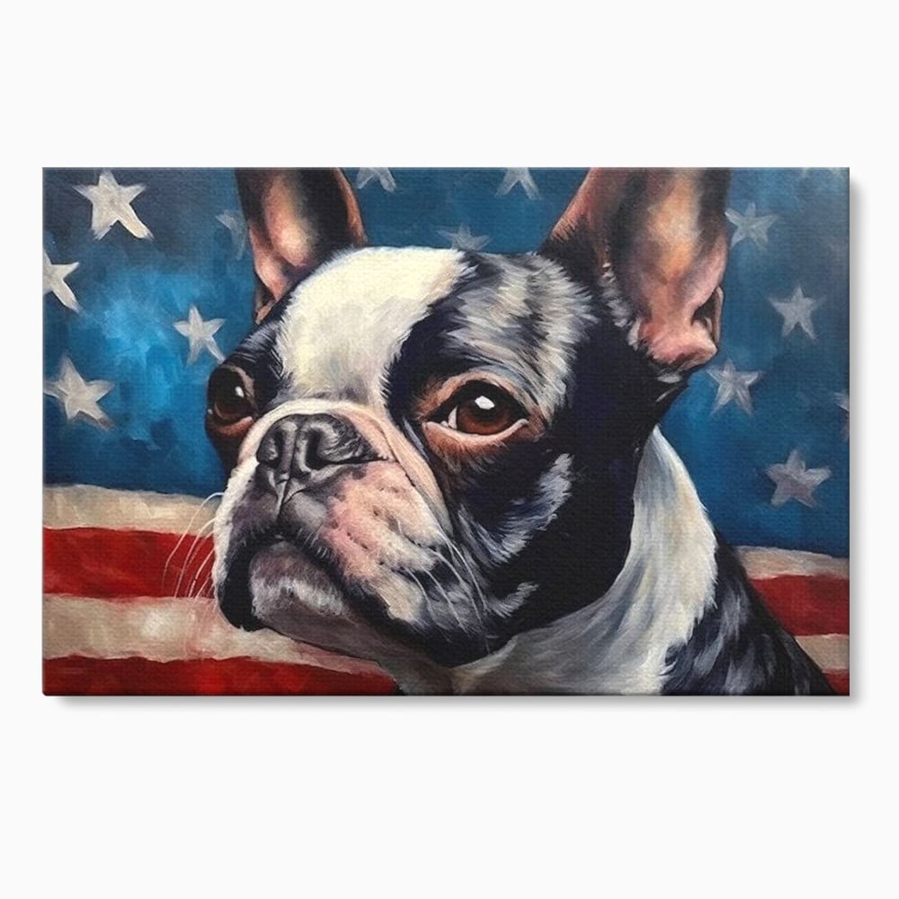 Tablou canvas cu tablou pictura caine boston terrier, fara rama, pe sasiu de lemn