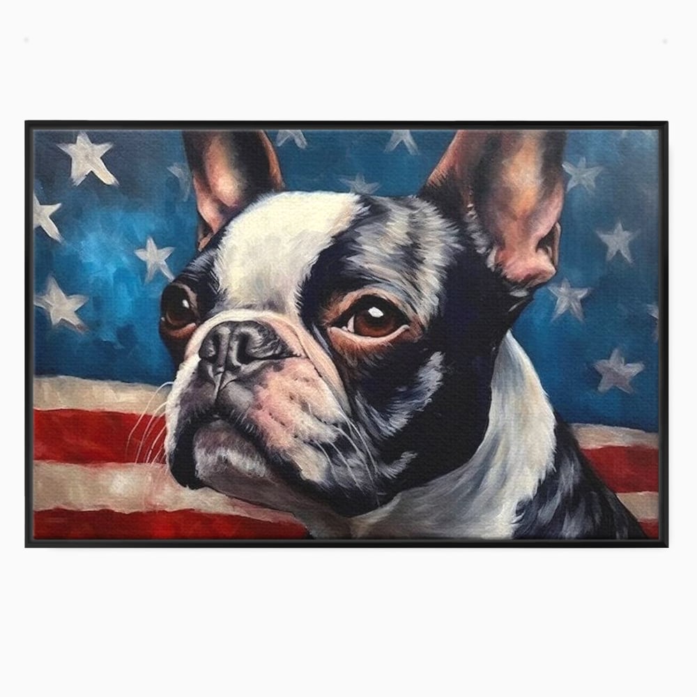 Tablou canvas cu tablou pictura caine boston terrier, in rama de aluminiu negru