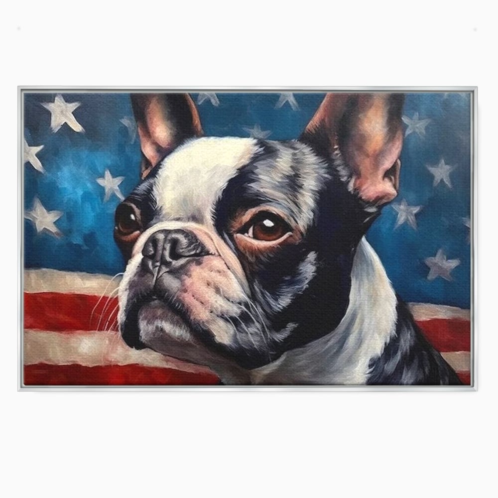 Tablou canvas cu tablou pictura caine boston terrier, in rama de aluminiu argintiu