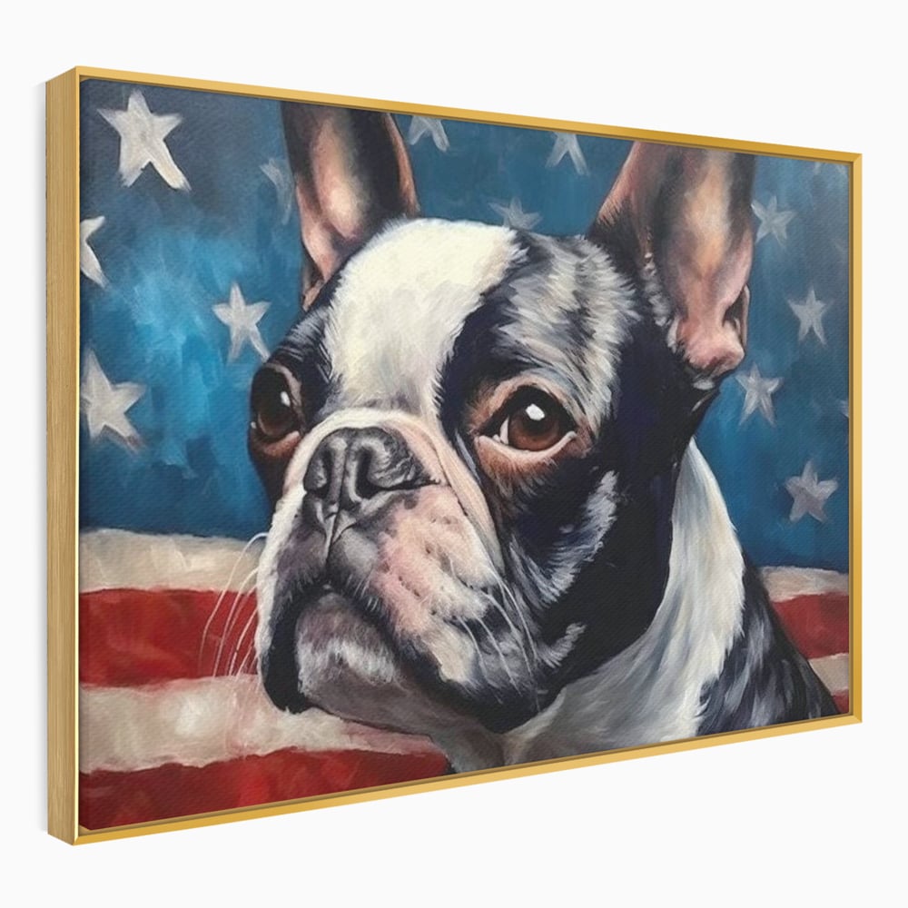 Tablou canvas cu tablou pictura caine boston terrier, in rama de aluminiu auriu
