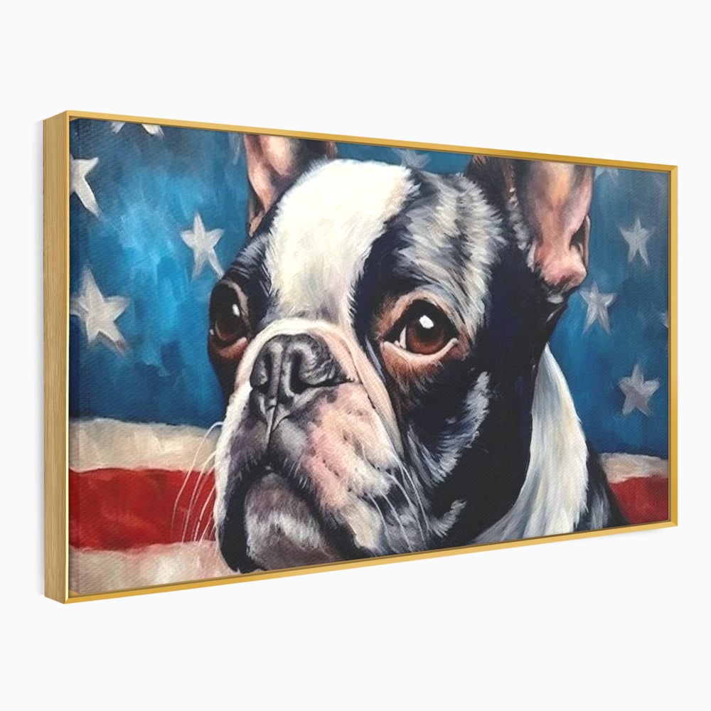 Tablou canvas cu tablou pictura caine boston terrier, in rama de aluminiu auriu