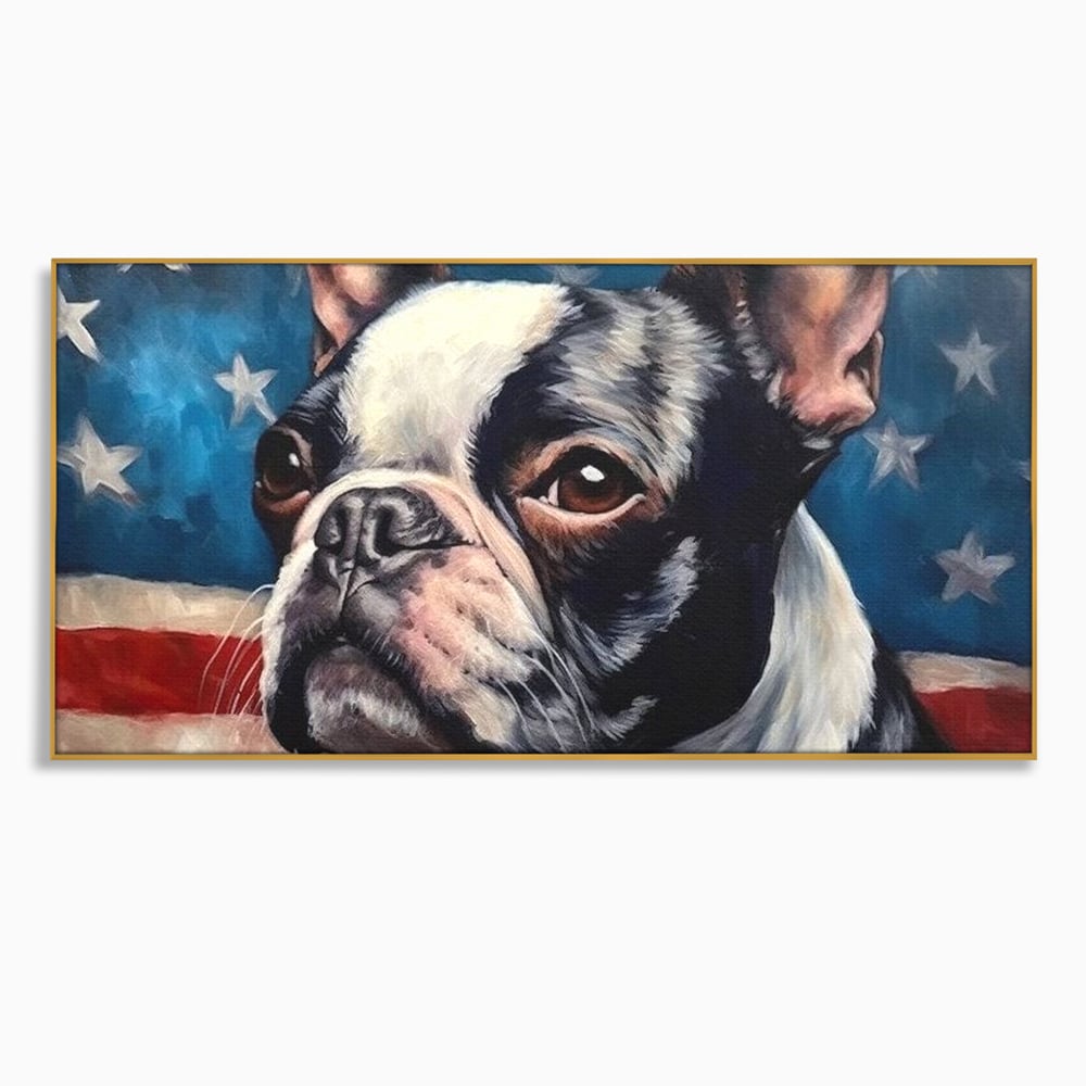Tablou canvas cu tablou pictura caine boston terrier, in rama de aluminiu auriu