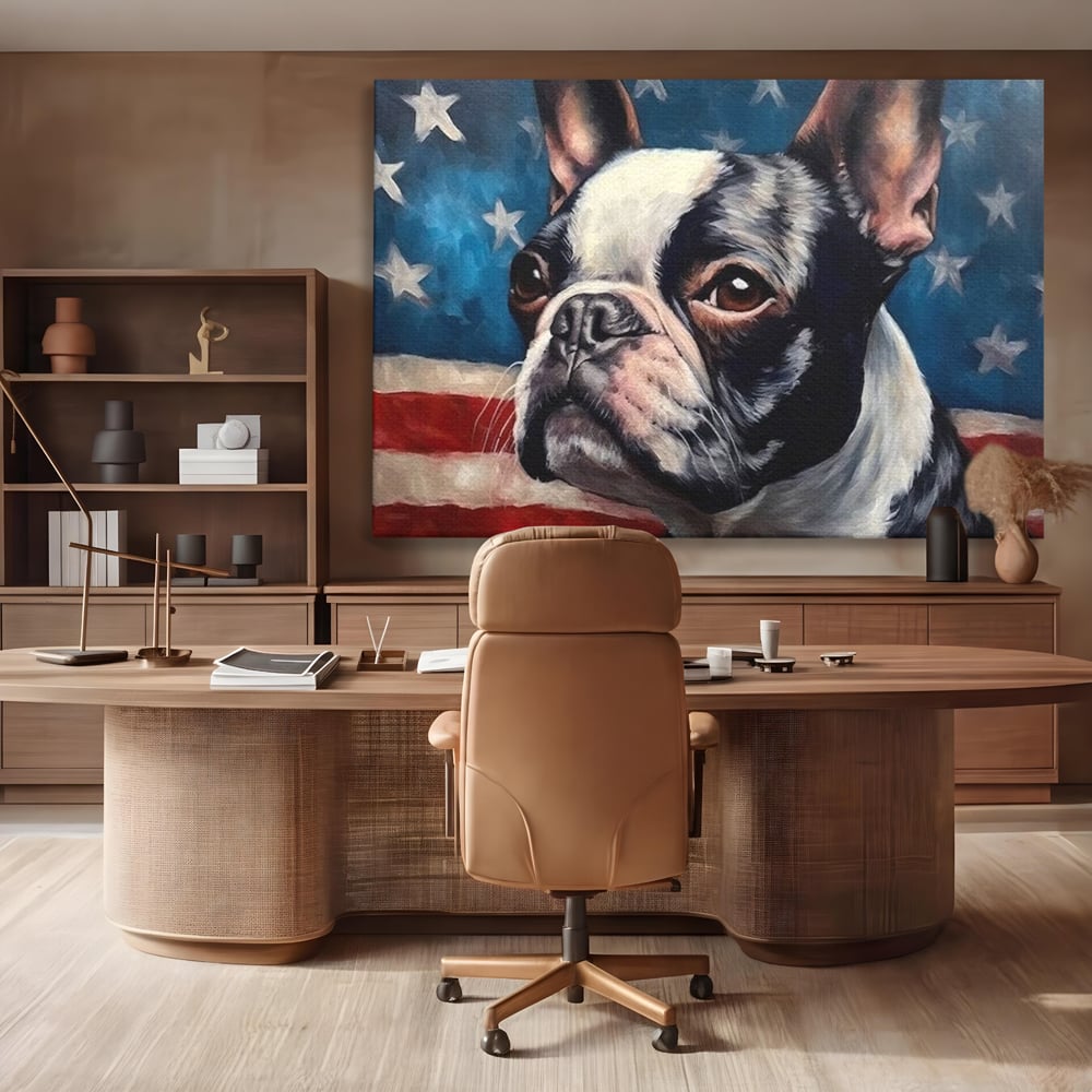 Tablou canvas cu tablou pictura caine boston terrier, fara rama, pe sasiu de lemn, pe perete intr-un birou