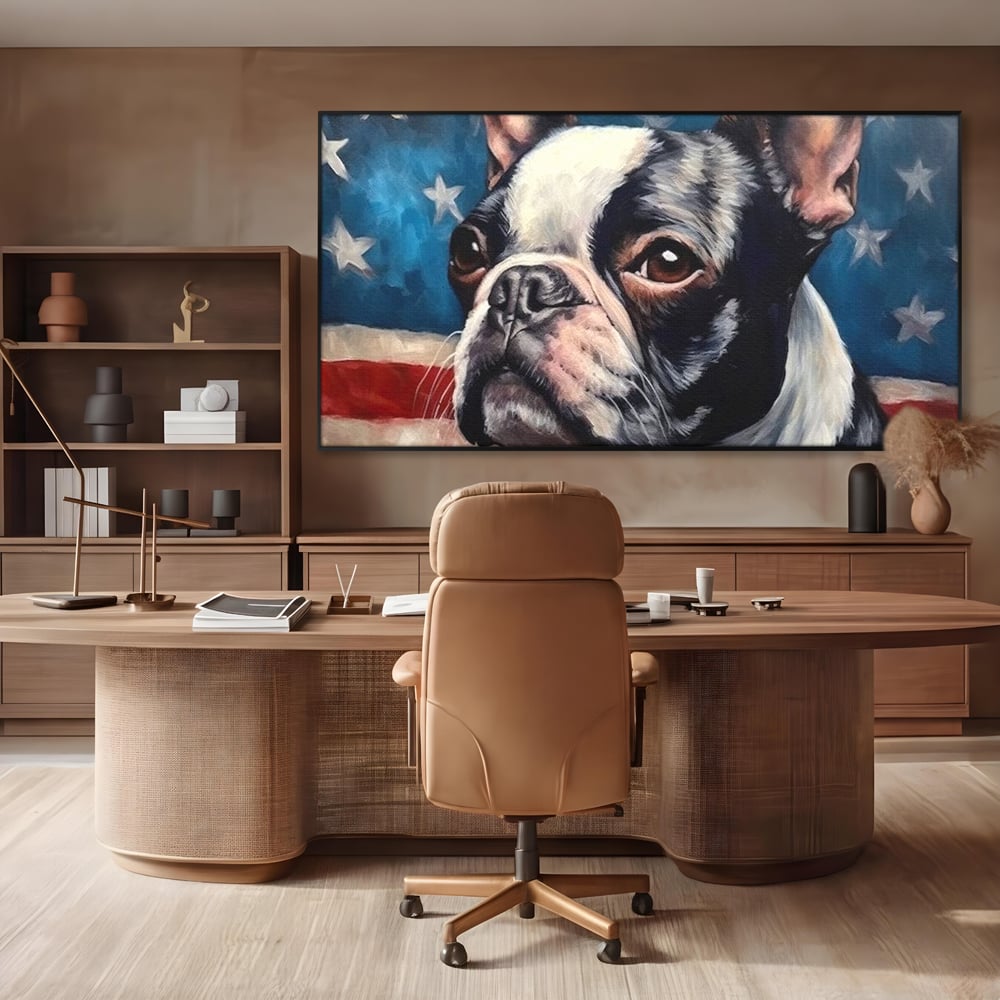 Tablou canvas cu tablou pictura caine boston terrier, in rama de aluminiu negru, pe perete intr-un birou