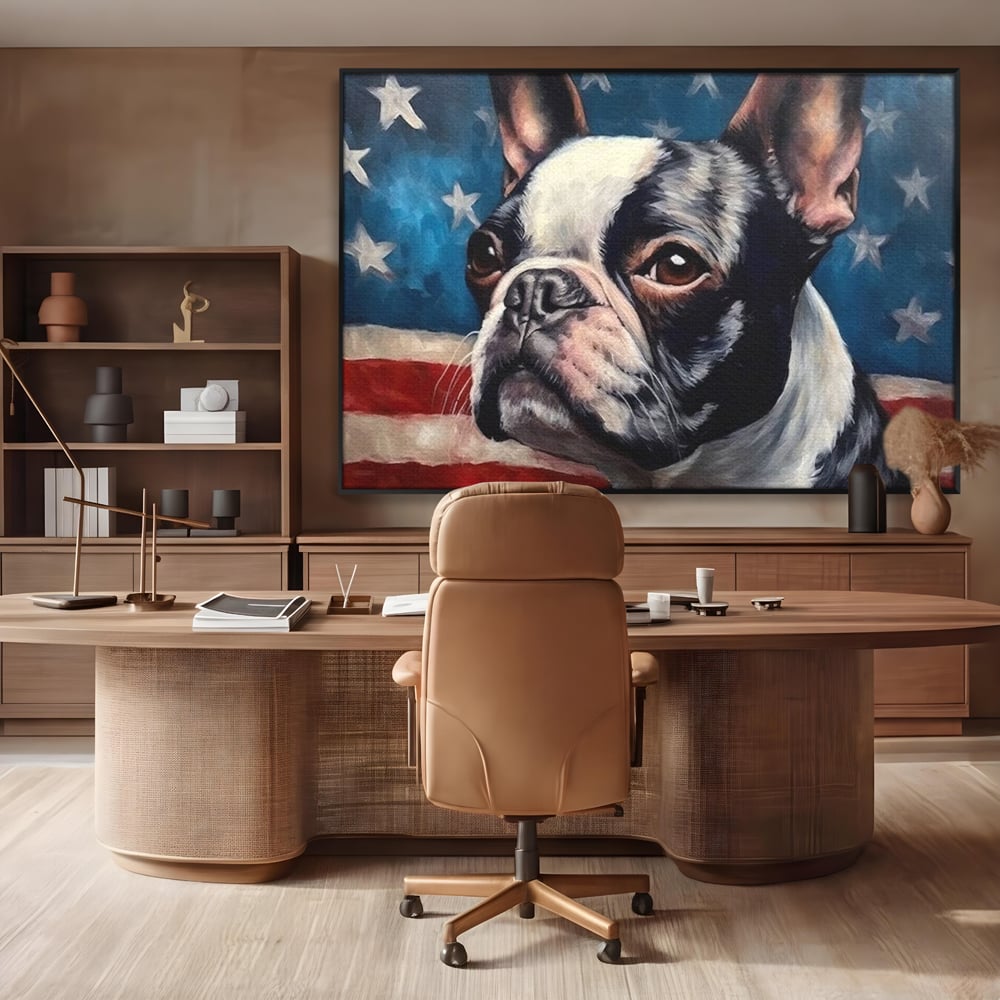 Tablou canvas cu tablou pictura caine boston terrier, in rama de aluminiu negru, pe perete intr-un birou