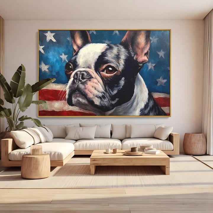 Tablou canvas cu tablou pictura caine boston terrier, in rama de aluminiu auriu, pe perete intr-un living